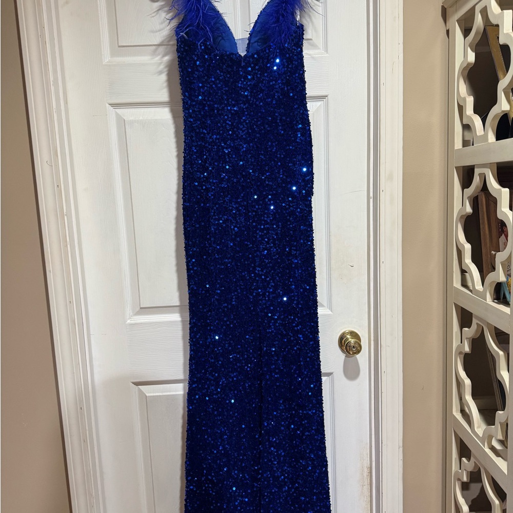 Elegant Royal Blue velvet/Sequin/feathers Formal Dress